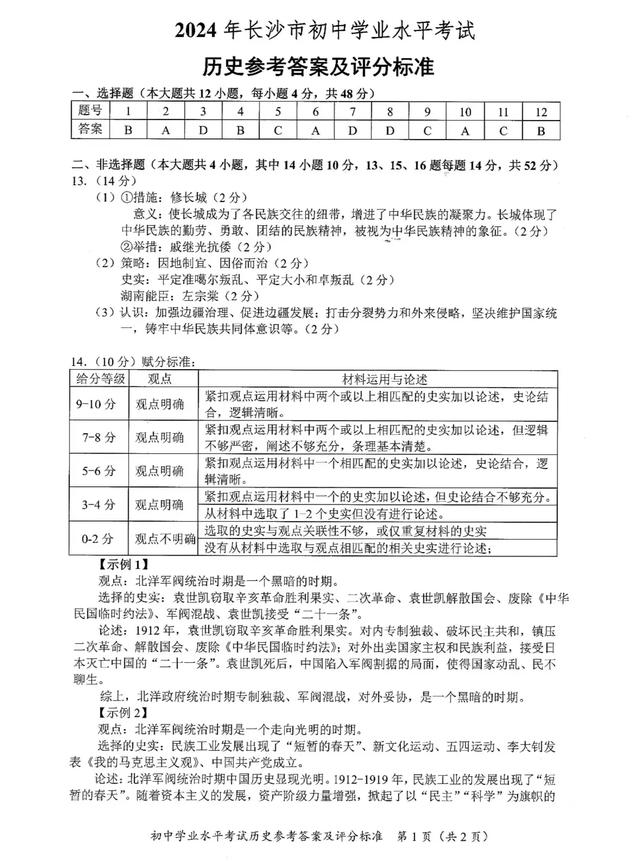 2024年长沙中考历史真题解析（一）